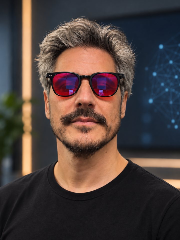 Alan Borges, fundador da HouseMind, de óculos e camiseta preta, com um painel de rede de IA ao fundo