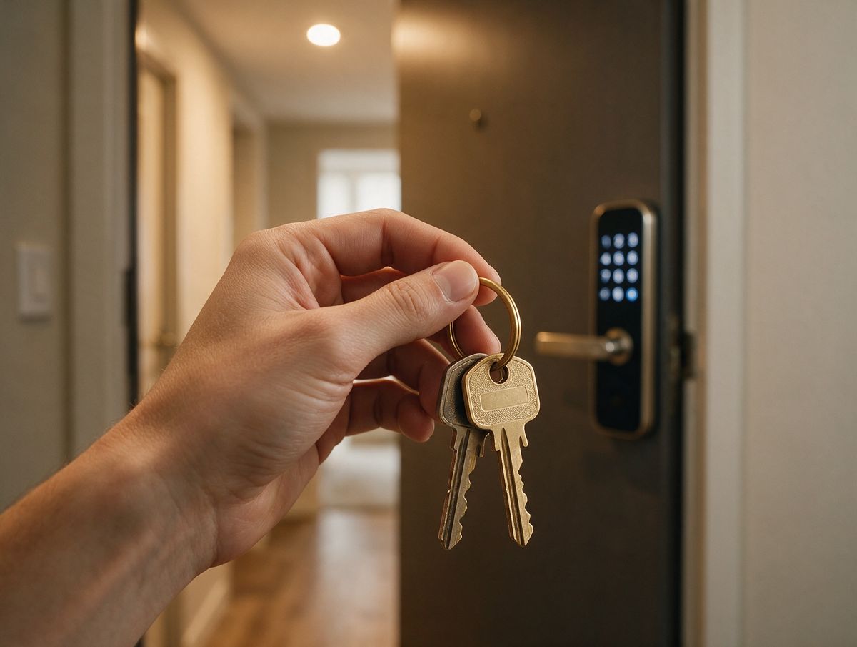Mão segurando as chaves de um apartamento novo diante de uma fechadura digital