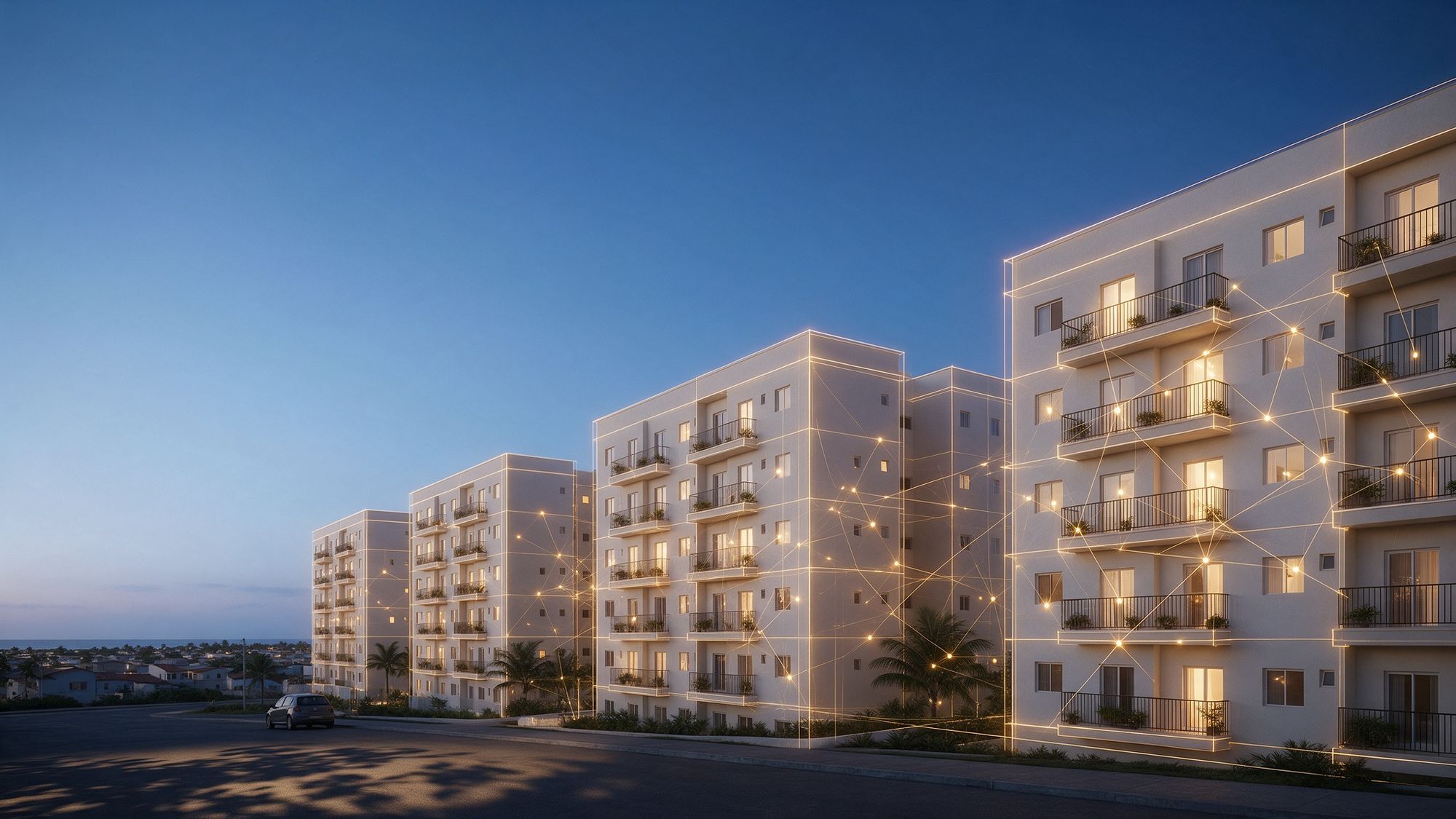 Condomínio residencial ao anoitecer com uma rede de IA dourada ligando as janelas