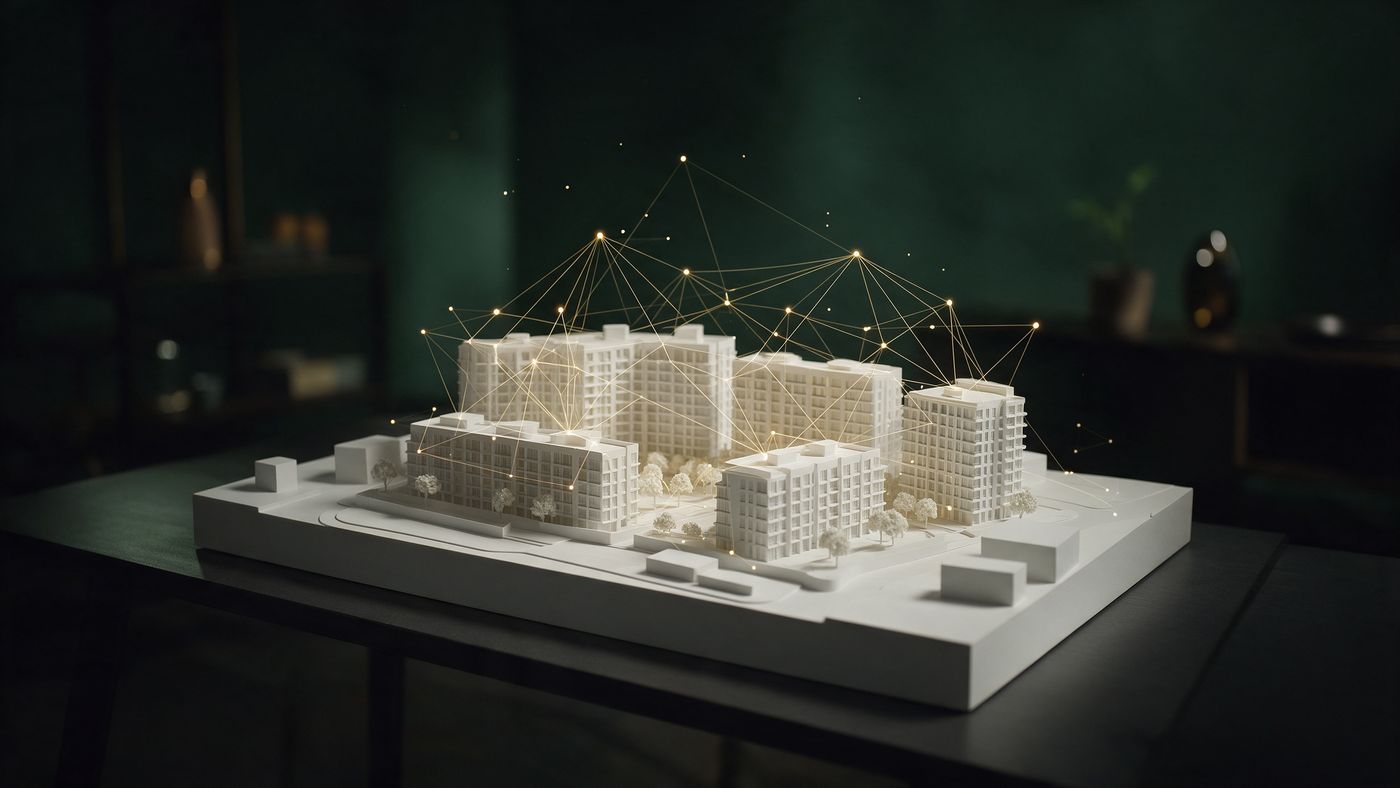 Maquete de condomínio com uma rede de IA dourada ligando os prédios