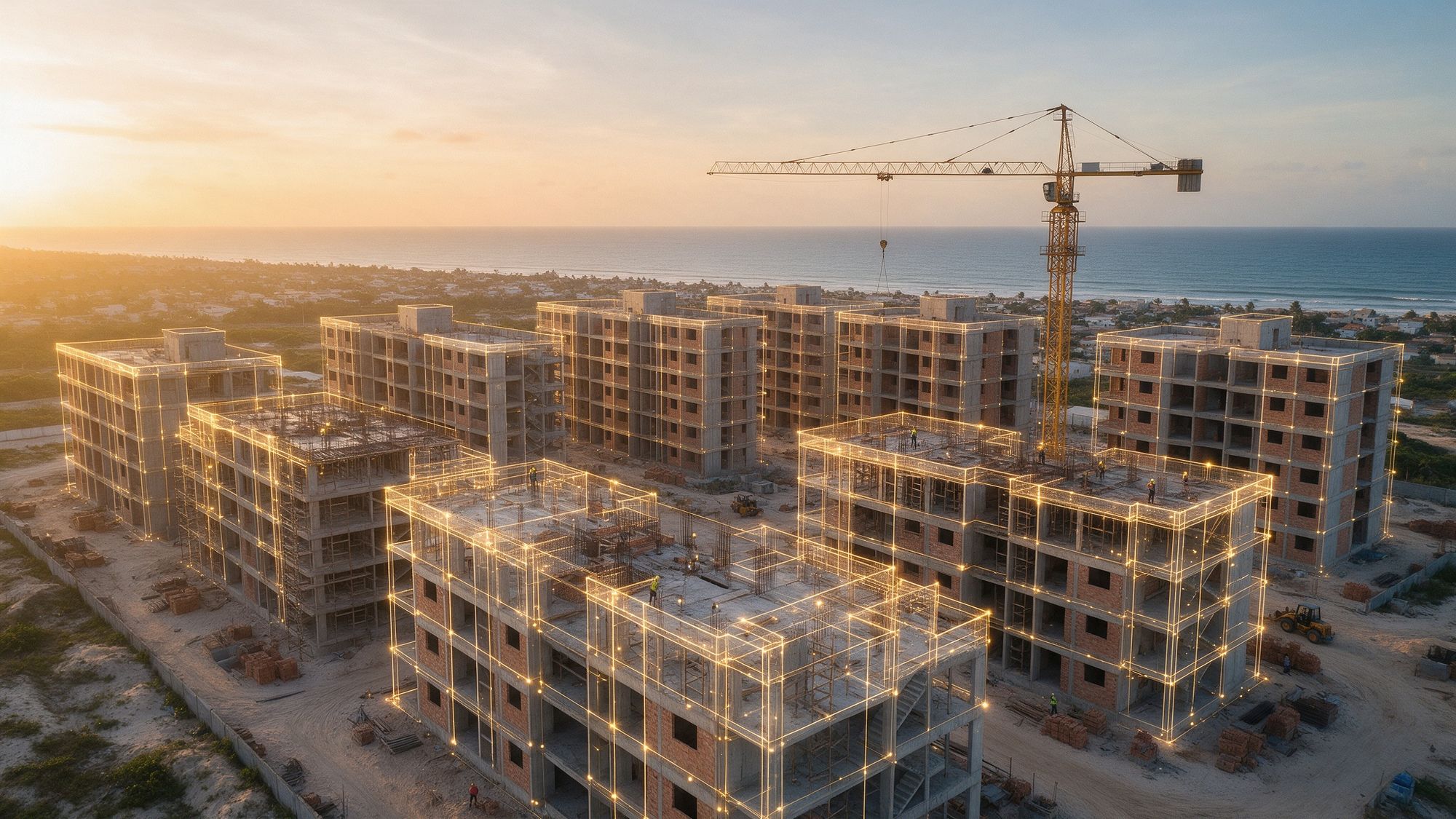 Vista aérea de uma obra residencial no litoral ao nascer do sol, com um gêmeo digital dourado sobre os prédios