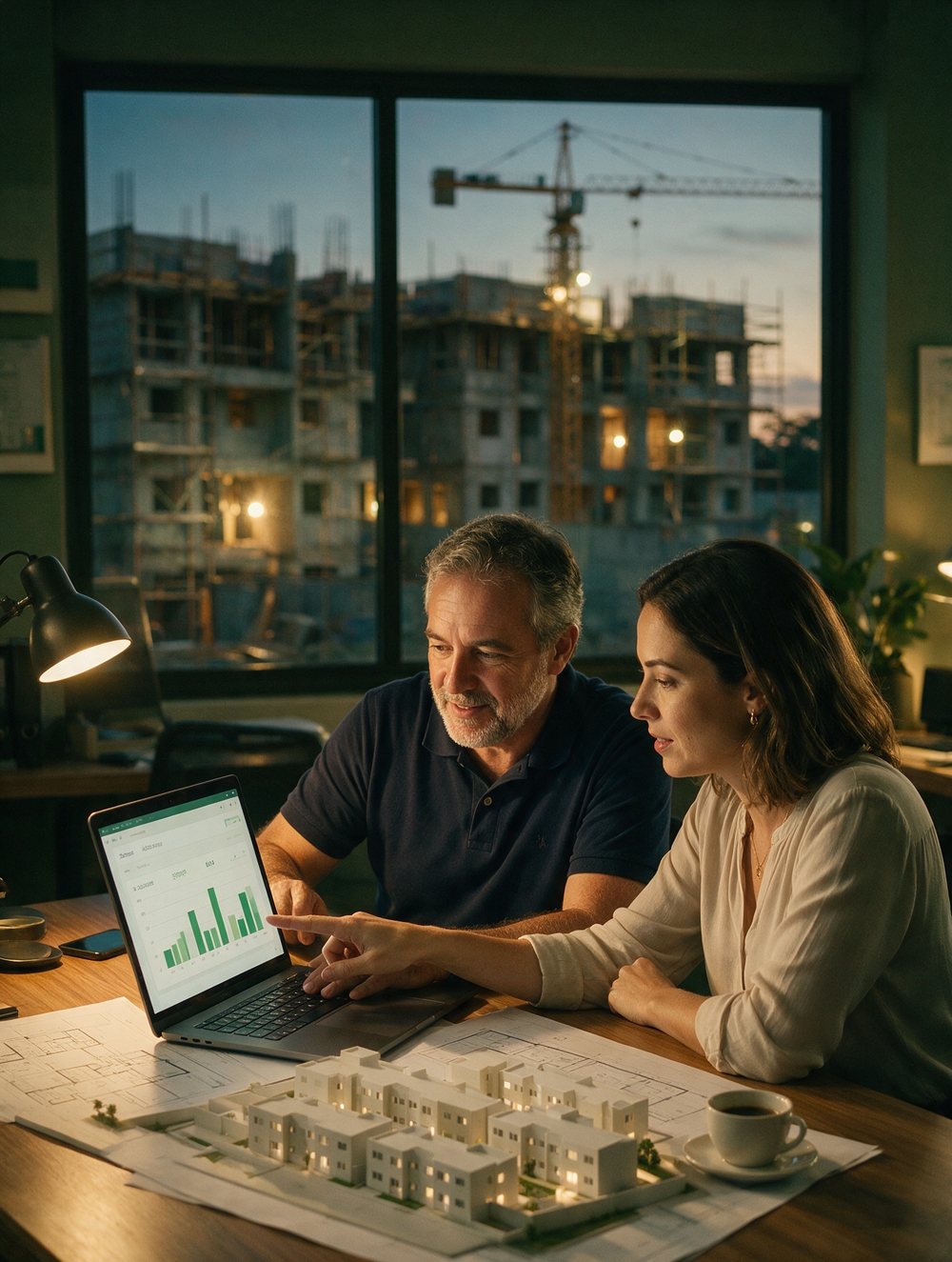 Dono de construtora e gerente comercial analisando o painel de vendas no notebook, com a maquete do residencial na mesa e a obra pela janela