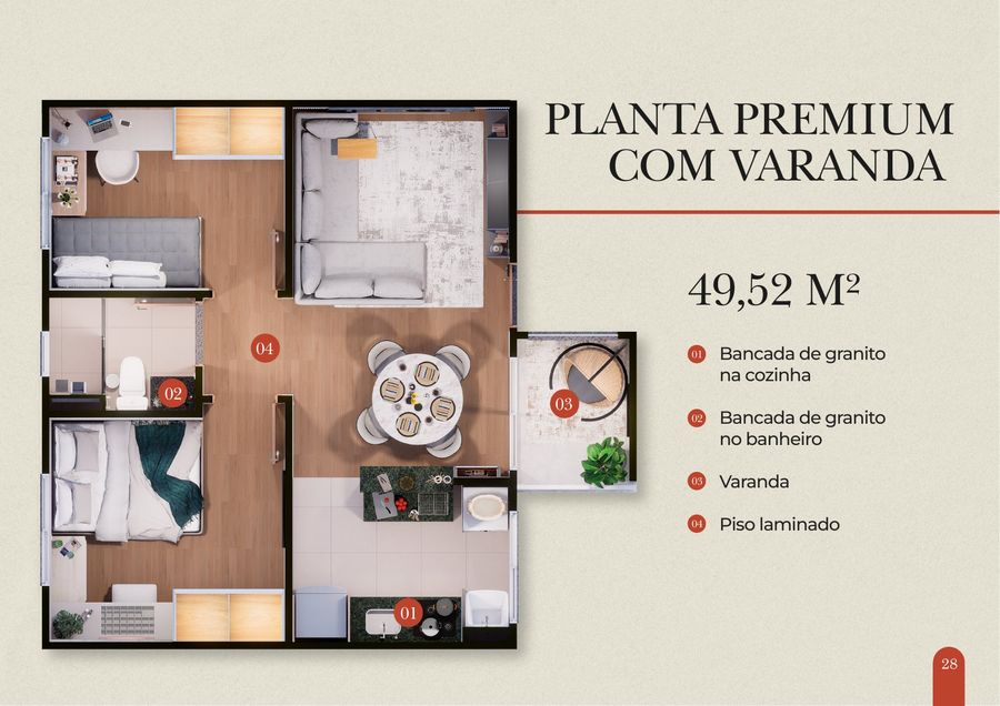 Planta de apartamento de 2 quartos com varanda