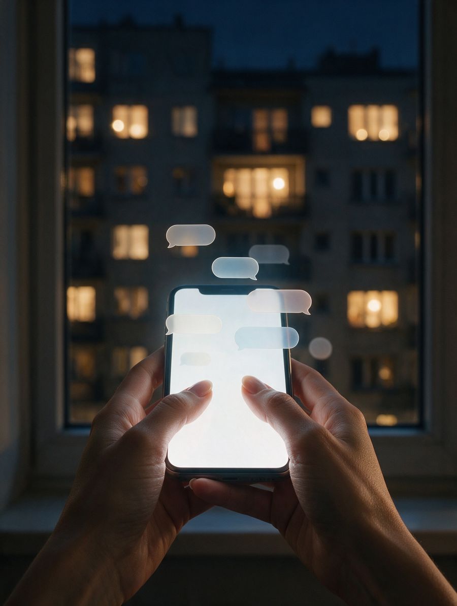 Mãos segurando o celular à noite com balões de conversa saindo da tela